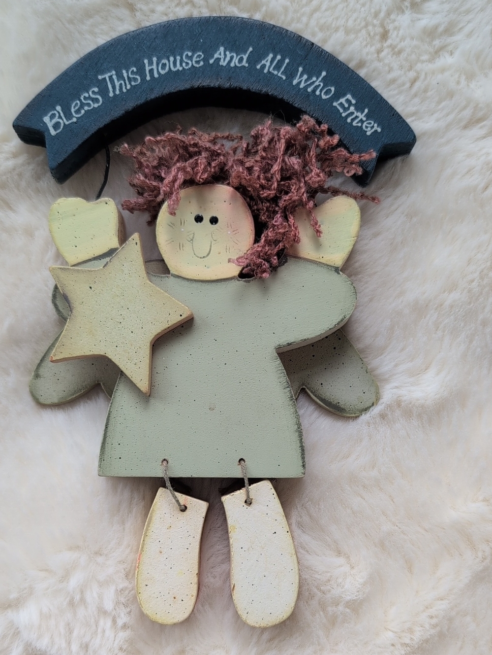 Cottage Core Vintage Wooden Angel Wall Hanging - Sage Green with Cream Accents